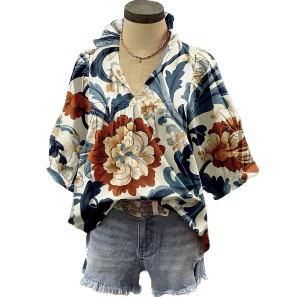 ZARA Printed Collar Three Quarter Sleeve Top